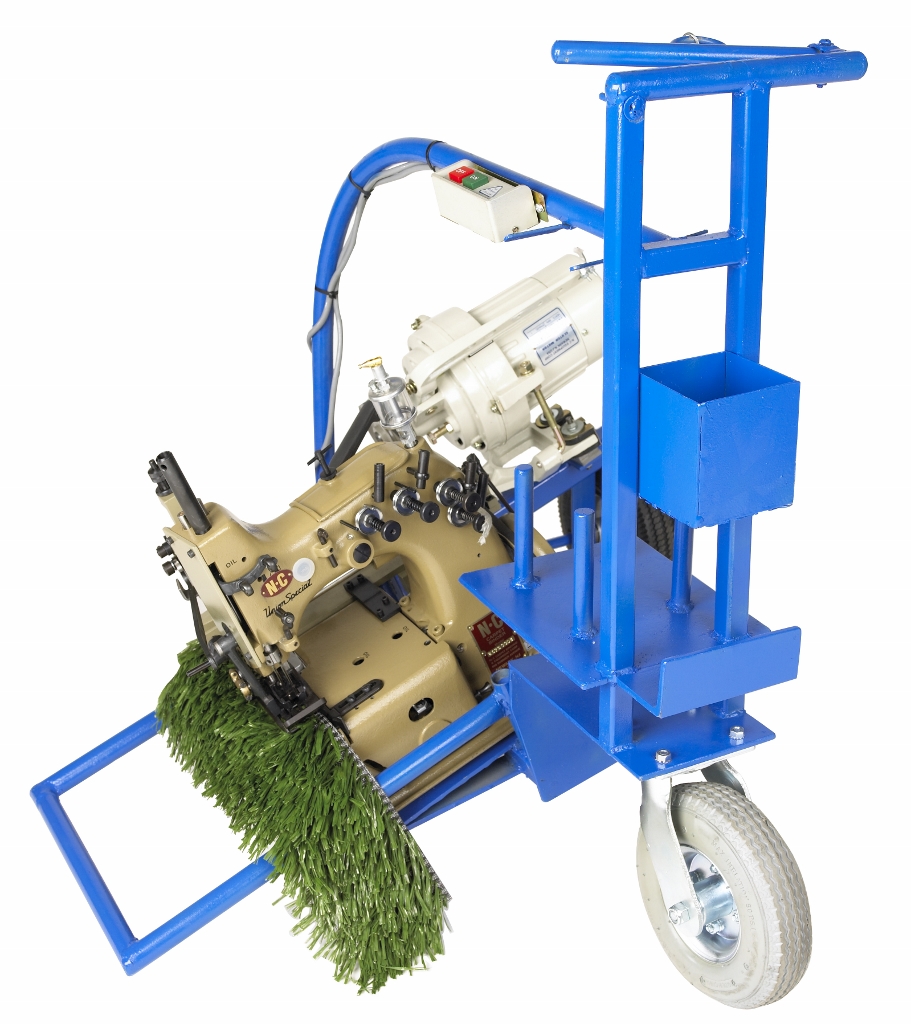 Turf sewing machine and hand held sewers for synthetic artificial turf